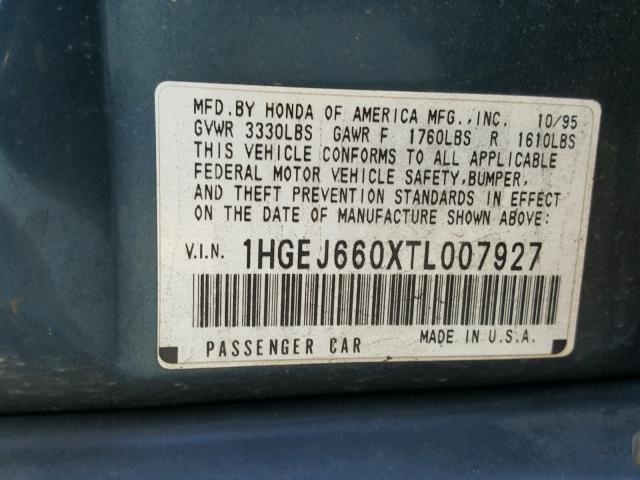 1HGEJ660XTL007927 - 1996 HONDA CIVIC LX BLUE photo 10