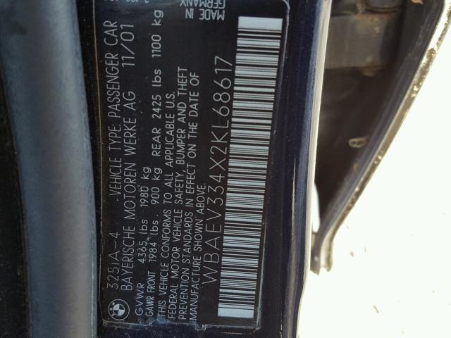 WBAEV334X2KL68617 - 2002 BMW 325 I BLUE photo 10