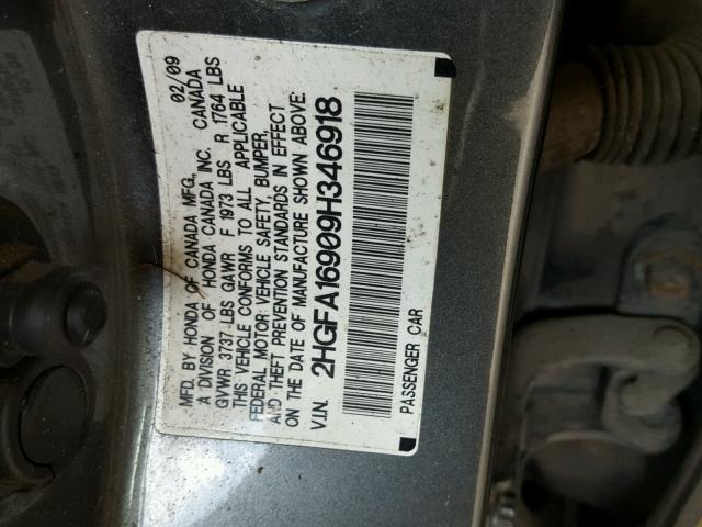 2HGFA16909H346918 - 2009 HONDA CIVIC EXL GRAY photo 10