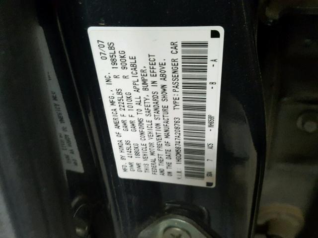 1HGCM56747A208763 - 2007 HONDA ACCORD EX BLACK photo 10