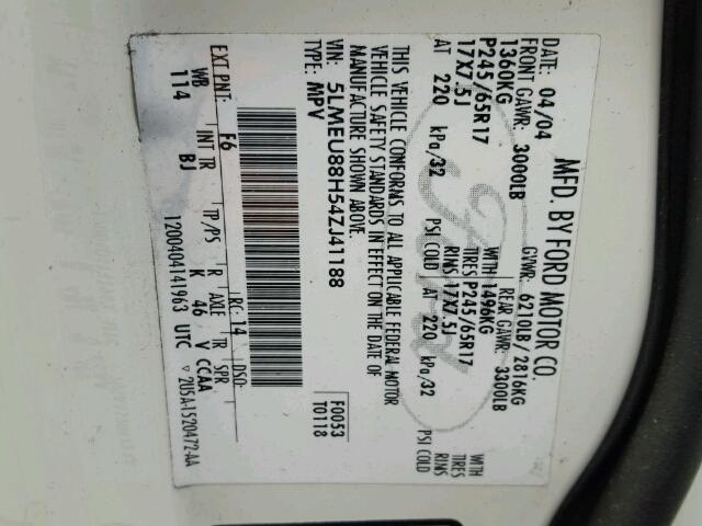 5LMEU88H54ZJ41188 - 2004 LINCOLN AVIATOR 白色 照片 10