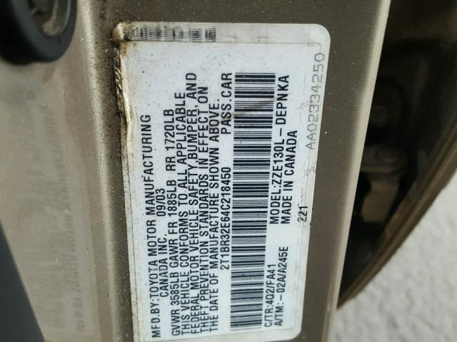 2T1BR32E64C218450 - 2004 TOYOTA COROLLA CE TAN photo 10