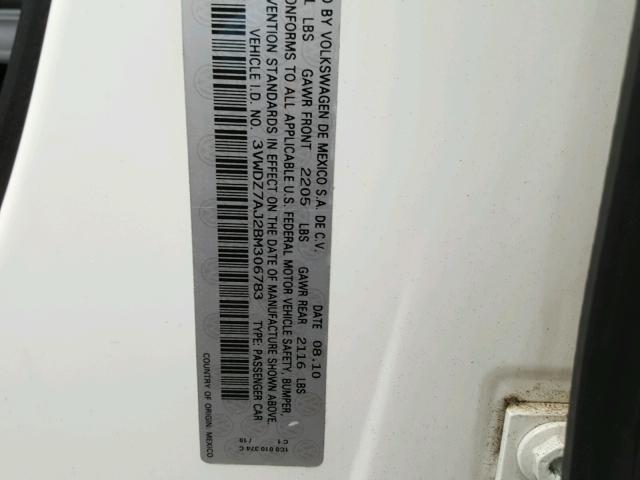 3VWDZ7AJ2BM306783 - 2011 VOLKSWAGEN JETTA SE 白色 照片 10