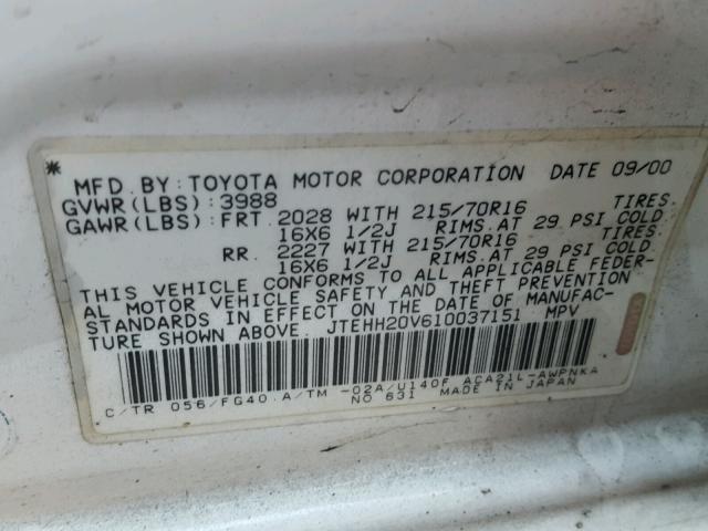 JTEHH20V610037151 - 2001 TOYOTA RAV4 WHITE photo 10