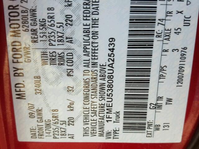 1FMEU53808UA25439 - 2008 FORD EXPLORER S RED photo 10