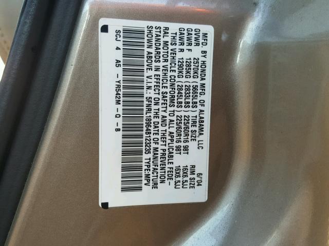 5FNRL18964B123235 - 2004 HONDA ODYSSEY EX BROWN photo 10