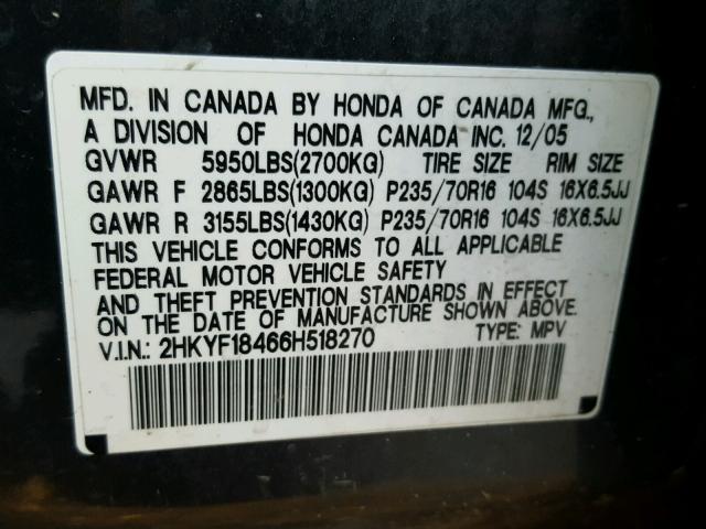 2HKYF18466H518270 - 2006 HONDA PILOT EX BLUE photo 10