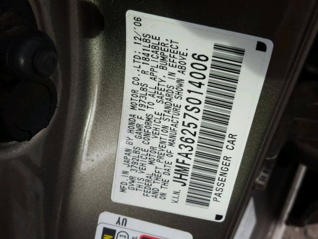 JHMFA36257S014006 - 2007 HONDA CIVIC HYBR GRAY photo 10