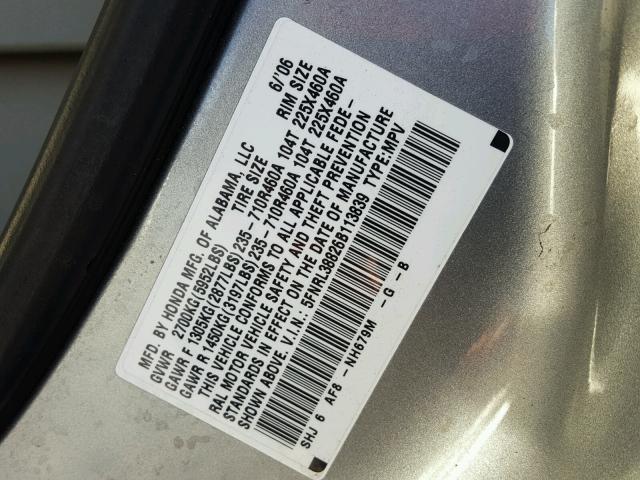 5FNRL38826B113839 - 2006 HONDA ODYSSEY TO GRAY photo 10