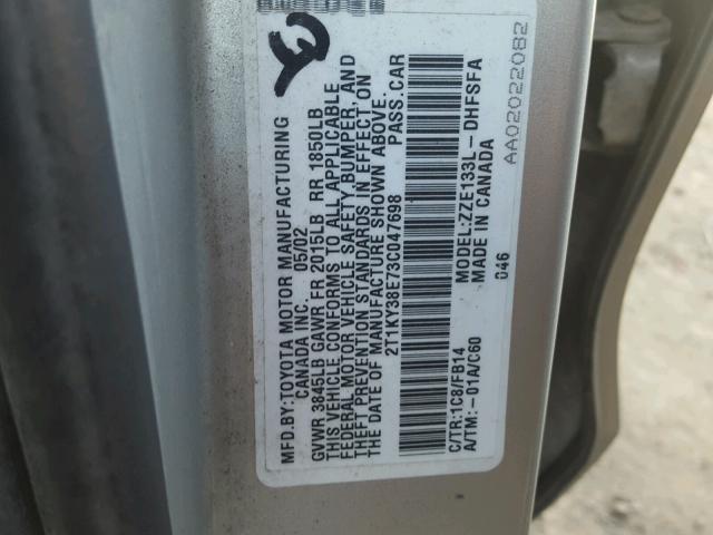 2T1KY38E73C047698 - 2003 TOYOTA COROLLA MA SILVER photo 10