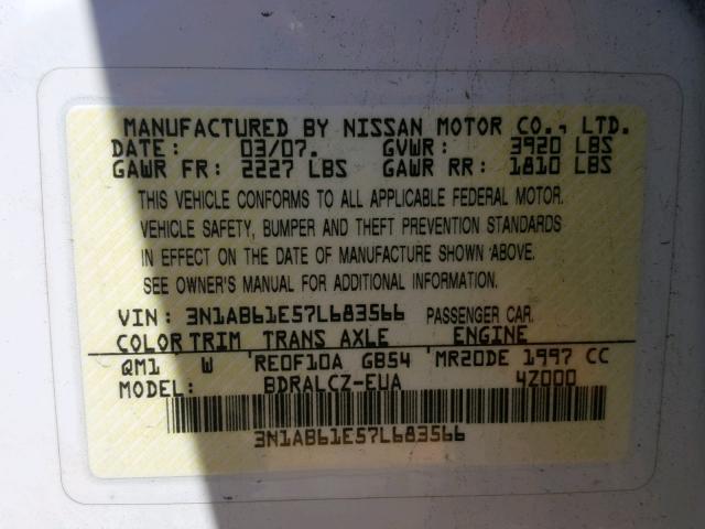 3N1AB61E57L683566 - 2007 NISSAN SENTRA 2.0 WHITE photo 10