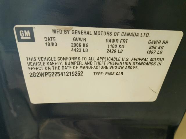 2G2WP522541219262 - 2004 PONTIAC GRAND PRIX BLACK photo 10