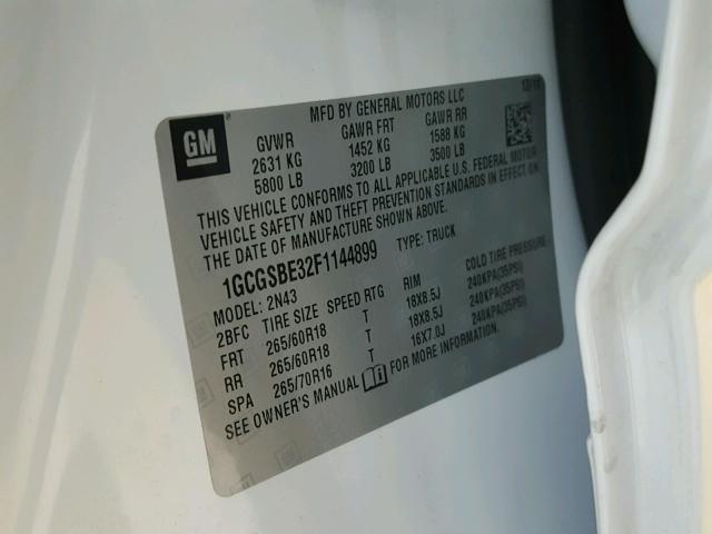 1GCGSBE32F1144899 - 2015 CHEVROLET COLORADO L WHITE photo 10