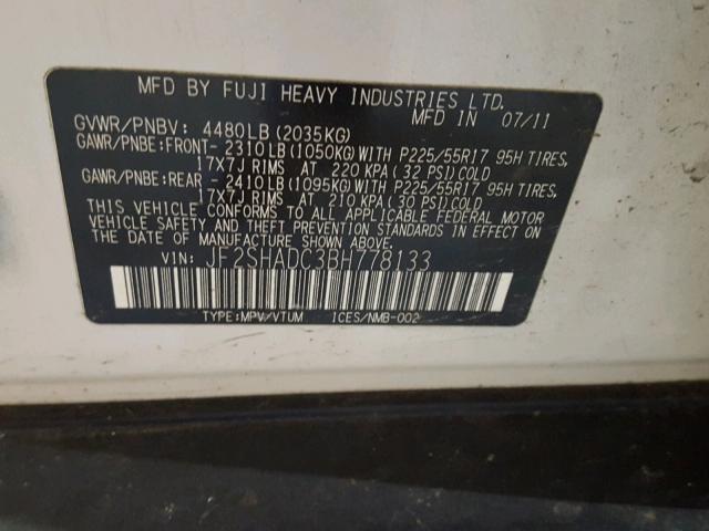 JF2SHADC3BH778133 - 2011 SUBARU FORESTER 2 GRAY photo 10