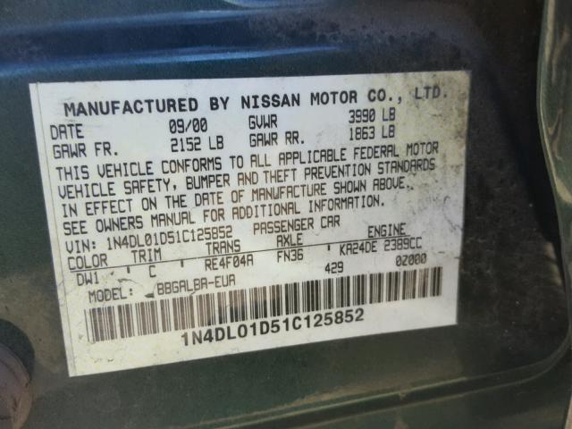 1N4DL01D51C125852 - 2001 NISSAN ALTIMA XE GREEN photo 10