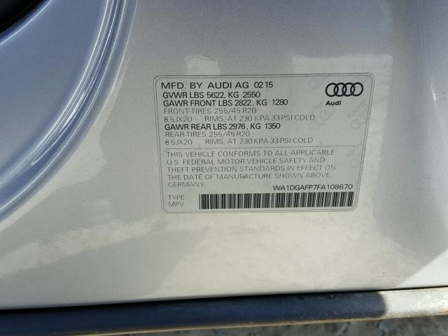 WA1DGAFP7FA108670 - 2015 AUDI Q5 PREMIUM SILVER photo 10