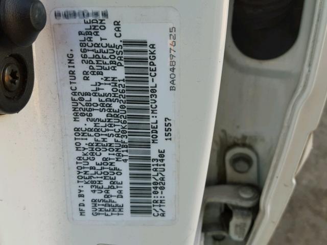 4T1BF30K62U022621 - 2002 TOYOTA CAMRY LE 白色 照片 10