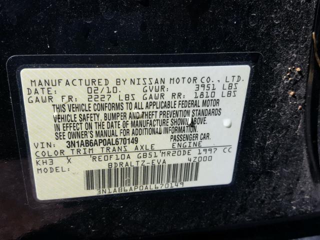 3N1AB6AP0AL670149 - 2010 NISSAN SENTRA SR BLACK photo 10