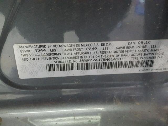 3VWPZ7AJ7BM614187 - 2011 VOLKSWAGEN JETTA S 灰色 照片 10