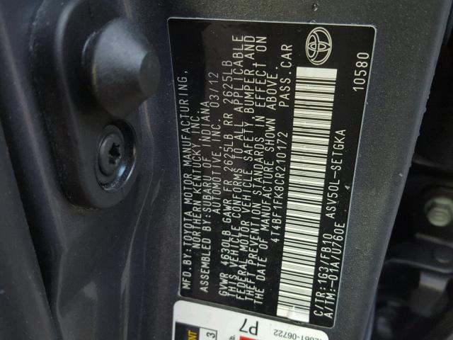 4T4BF1FK8CR210172 - 2012 TOYOTA CAMRY BASE GRAY photo 10