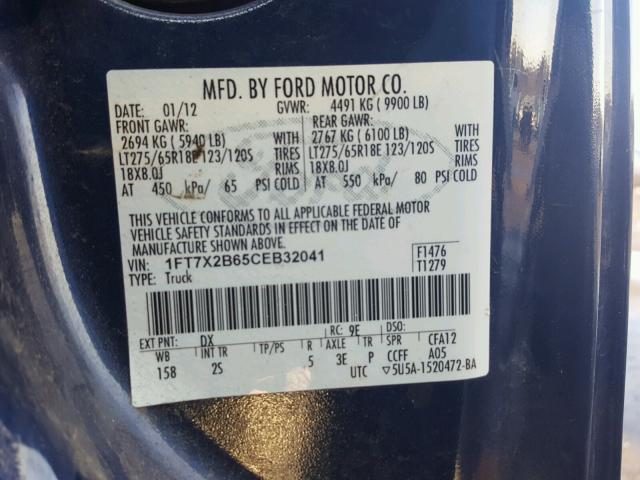 1FT7X2B65CEB32041 - 2012 FORD F250 SUPER BLUE photo 10