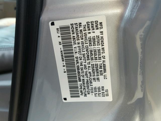 5FNRL18964B023488 - 2004 HONDA ODYSSEY EX SILVER photo 10