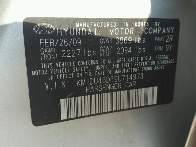 KMHDU46D39U714973 - 2009 HYUNDAI ELANTRA GL SILVER photo 10