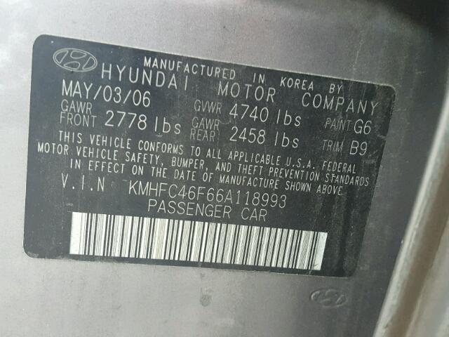 KMHFC46F66A118993 - 2006 HYUNDAI AZERA SE GRAY photo 10