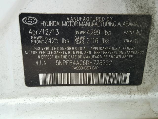 5NPEB4AC6DH728222 - 2013 HYUNDAI SONATA GLS WHITE photo 10