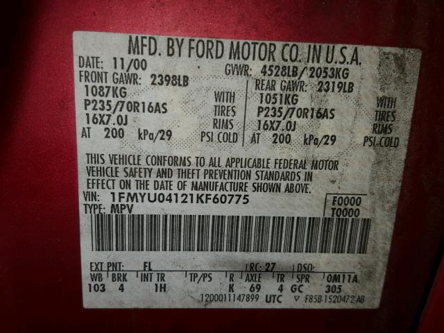 1FMYU04121KF60775 - 2001 FORD ESCAPE XLT RED photo 10