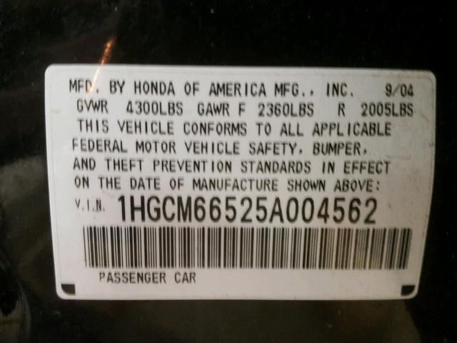 1HGCM66525A004562 - 2005 HONDA ACCORD EX BLACK photo 10