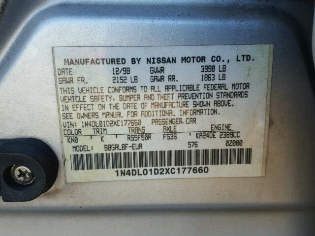 1N4DL01D2XC177660 - 1999 NISSAN ALTIMA XE SILVER photo 10