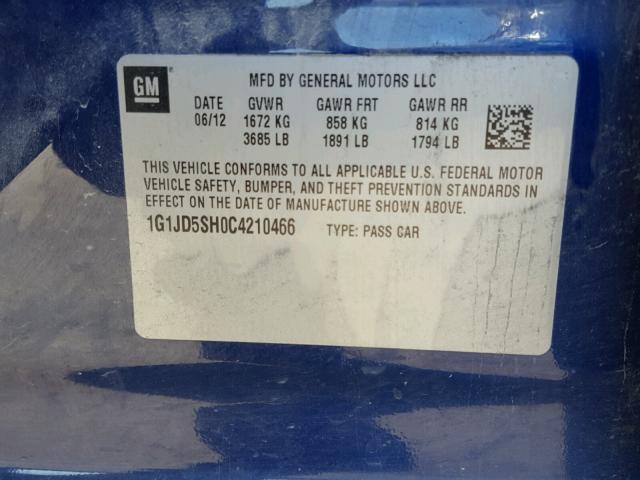 1G1JD5SH0C4210466 - 2012 CHEVROLET SONIC LT BLUE photo 10