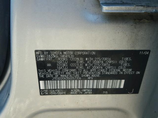 JTEGD20V350057306 - 2005 TOYOTA RAV4 SILVER photo 10