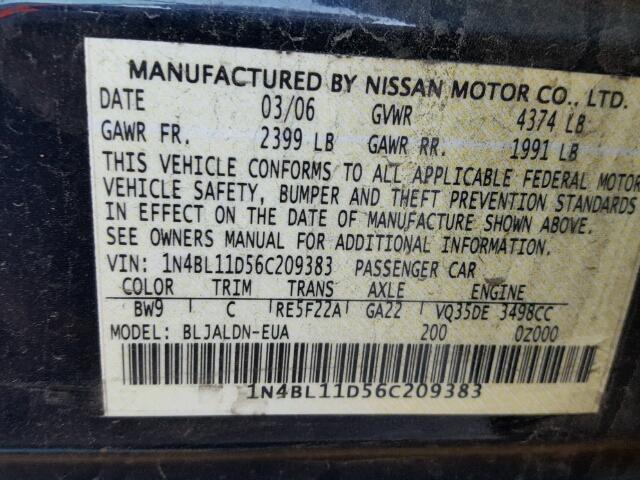 1N4BL11D56C209383 - 2006 NISSAN ALTIMA SE BLUE photo 10