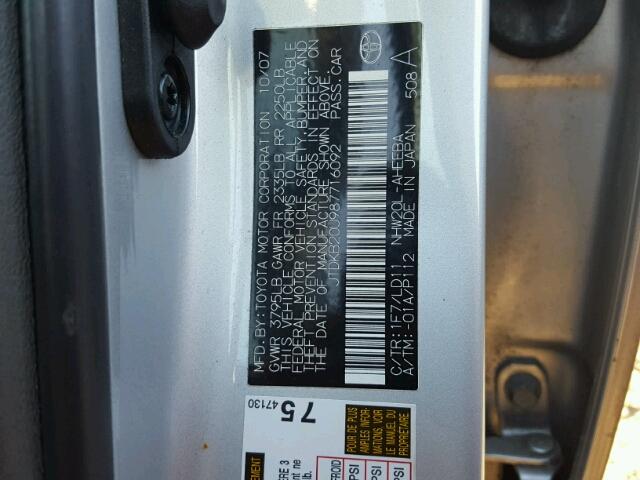 JTDKB20U987716092 - 2008 TOYOTA PRIUS SILVER photo 10