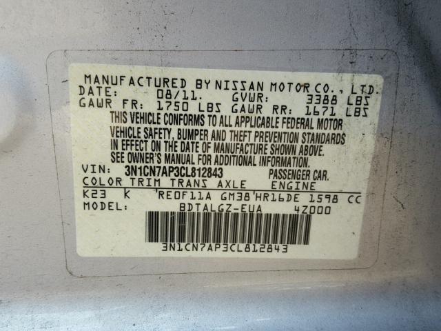 3N1CN7AP3CL812843 - 2012 NISSAN VERSA S SILVER photo 10