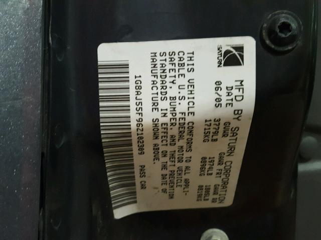 1G8AJ55F96Z102309 - 2006 SATURN ION LEVEL GRAY photo 10