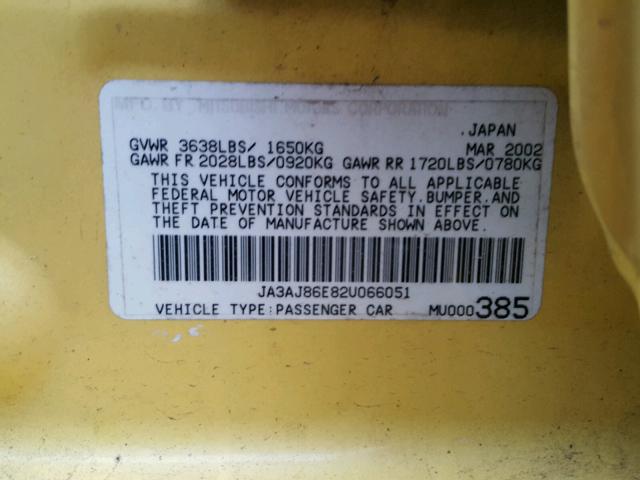 JA3AJ86E82U066051 - 2002 MITSUBISHI LANCER OZ YELLOW photo 10