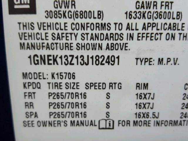 1GNEK13Z13J182491 - 2003 CHEVROLET TAHOE K150 BLUE photo 10