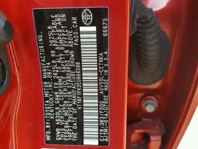 4T1BF1FK2EU866588 - 2014 TOYOTA CAMRY L RED photo 10