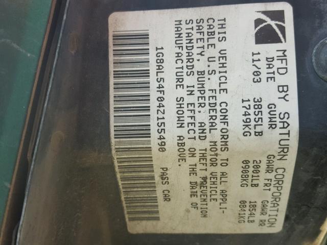 1G8AL54F04Z155490 - 2004 SATURN ION LEVEL Yaşıl foto 10