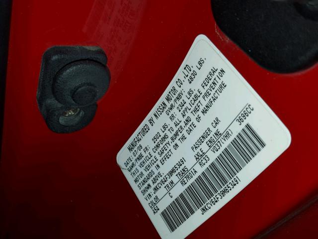 JNKCV64F39M653491 - 2009 INFINITI G37 RED photo 10