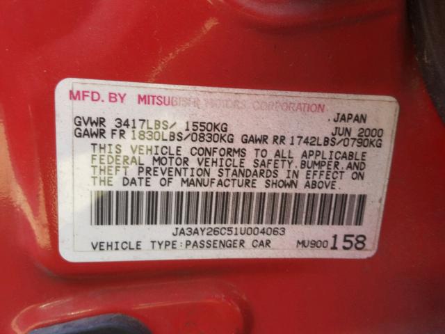 JA3AY26C51U004063 - 2001 MITSUBISHI MIRAGE ES RED photo 10