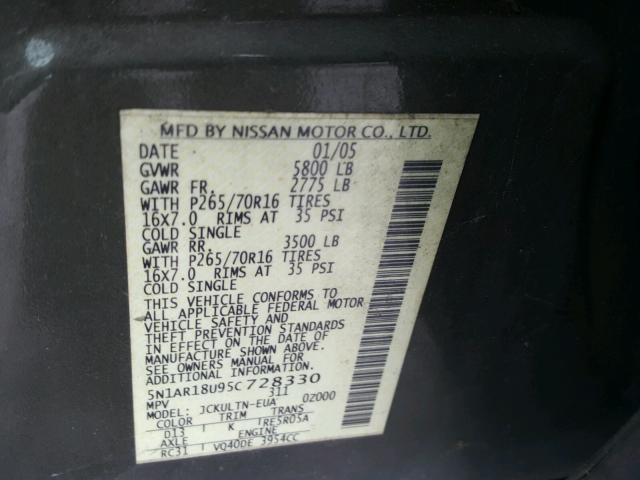 5N1AR18U95C728330 - 2005 NISSAN PATHFINDER GREEN photo 10