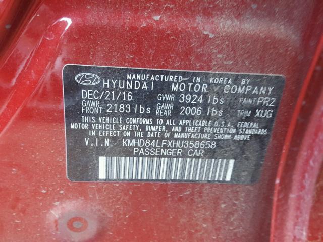 KMHD84LFXHU358658 - 2017 HYUNDAI ELANTRA SE RED photo 10