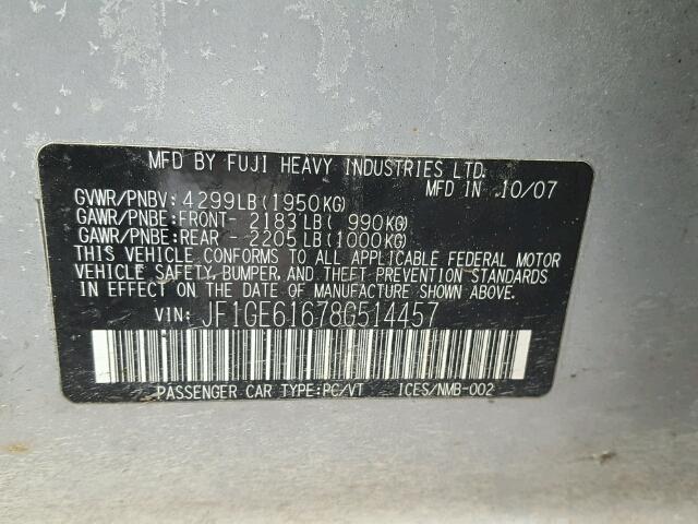 JF1GE61678G514457 - 2008 SUBARU IMPREZA 2. SILVER photo 10