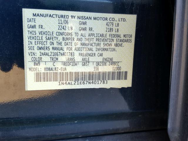 1N4AL21E67N401783 - 2007 NISSAN ALTIMA 2.5 BLUE photo 10