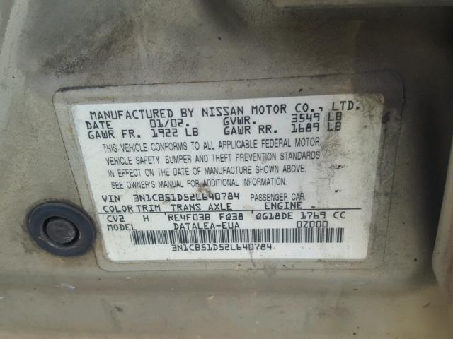 3N1CB51D52L640784 - 2002 NISSAN SENTRA XE GOLD photo 10