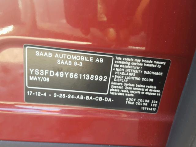 YS3FD49Y661138992 - 2006 SAAB 9-3 BASE RED photo 10